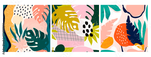 Plakaty do jadalni  zestaw-trzech-recznie-rysowane-bezszwowe-wzory-liscie-tropikalnej-dzungli-i-rozne-ksztalty-abstrakcyjny