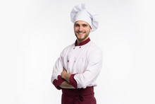 Portrait Of Positive Handsome Chef Cook In Beret And White Outfit Isolated On White Background.