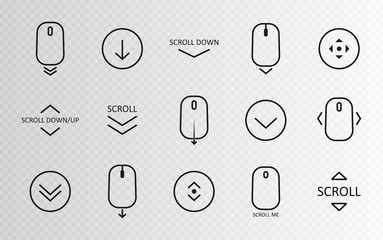 Scroll down icon. Scrolling mouse symbol for web design isolated on transparent background. Modern vector illustration