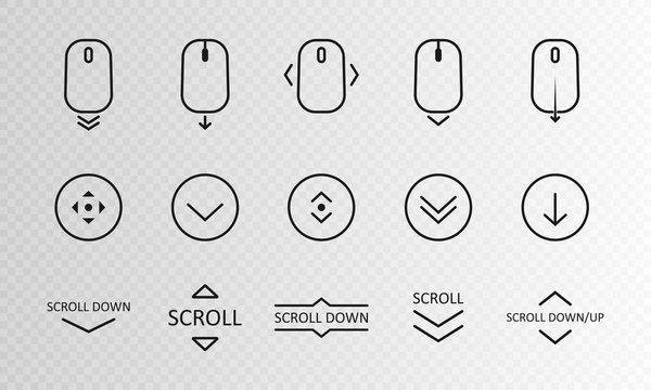 Scroll down icon. Scrolling mouse symbol for web design isolated on transparent background. Modern vector illustration