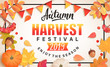 Autumn Harvest Festival banner for fall fest 2019.Background with place for text surrounded by seasonal fall leaves,rowan,pumpkin, flags for nice holiday.Perfect for prints,flyers,invitations.Top view