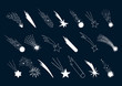 Set of hand drawn falling stars. Vector comet. Shooting lights. Isolated illustration. Doodle style.