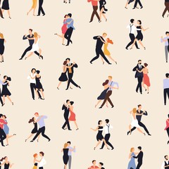 Aufkleber - Seamless pattern with people dancing Argentine tango on light background. Backdrop with men and women performing dance. Flat cartoon colorful vector illustration for wrapping paper, textile print.