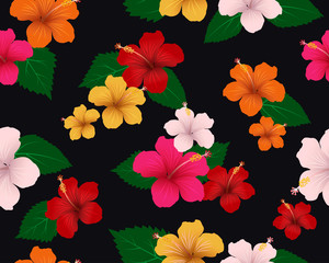 Wall Mural - Seamless pattern of tropical flora with hibiscus flowers and leaves on dark background - Vector Illustration 