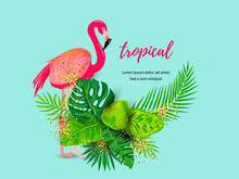 Green Summer Tropical Background With Pink Flamingo And Exotic Leaves. Place For Text. Vector Illustration For Poster, Web, Flyer, Party Invitation, Sale, Ecological Concept.