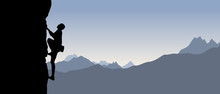 Black Silhouette Of A Climber On A Cliff With Mountains As A Background. Vector Illustration