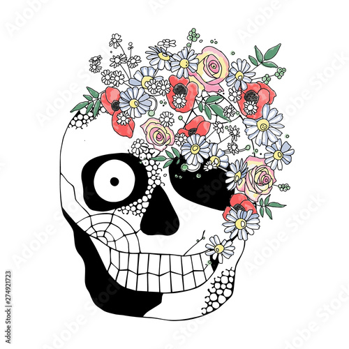 Download Vector Hand Drawn Illustration Of Smiling Skull With Watercolor Flowers Spider Web Tooth Face Of Human Print Horror For T Shirt Mexican Style Day Of The Dead Halloween Sketch Doodle Drawing Stock
