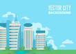Flat vector future city landscape illustration with sky and clouds.