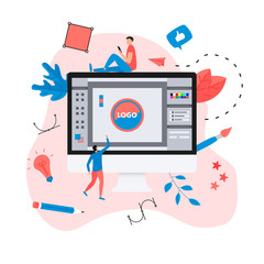 Aufkleber - flat vector graphic design concept with computer designer with an open design application with a cre