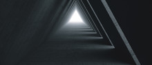 Empty Long Light Corridor. Modern Concrete Background. Futuristic Sci-Fi Triangle Tunnel. 3D Rendering