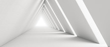 Empty Long Light Corridor. Modern White Background. Futuristic Sci-Fi Triangle Tunnel. 3D Rendering