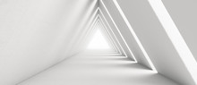 Empty Long Light Corridor. Modern White Background. Futuristic Sci-Fi Triangle Tunnel. 3D Rendering