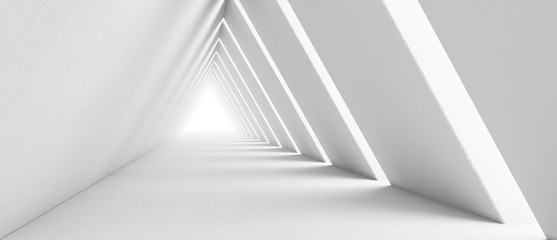 empty long light corridor. modern white background. futuristic sci-fi triangle tunnel. 3d rendering