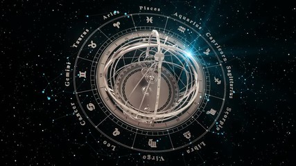 Wall Mural - 4k. zodiac signs and armillary sphere on black background. seamless looped. 3d animation.