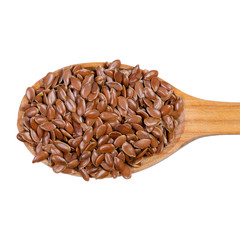 Wall Mural - flax seeds in wooden spoon on white background isolation, top view