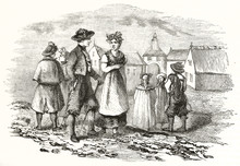 Medieval People Dressing Traditional Clothing In Eger Town, Czech Republic. Ancient Etching Style Illustration With Blurred Borders By Unidentified Author Publ. On Magasin Pittoresque Paris 1848