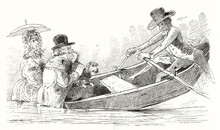 Heavy Man Compromises The Balance Of A Boat, Making It Sinking Under Water. A Lady Is Seated Close To Him And A Man Try To Row. Old Humorous Illustration By Topffer, Magasin Pittoresque Paris 1848