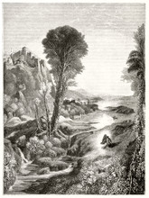 Ancient Grayscale Etching Style Illustration Of A Majestic Natural Landscape At Sunset With A River Leading To The Sun. By Marvy After Turner Publ. On Magasin Pittoresque Paris 1848