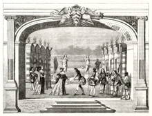 Ancient Actors Playing On Stage The Theatrical Representation Of Mirame Tragedy Written By Cardinal Richelieu. Illustration After La Belle Publ. On Magasin Pittoresque Paris 1848