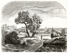 Ancient Path Crossing The Nature In A Landscape Context With An Ancient City Far On Background. Old  View Of Montpellier France. Grayscale Etching Style Illustration On Magasin Pittoresque Paris 1848