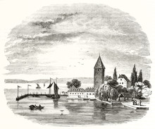 Little Peaceful Port On Flat Sea Close To Nice Stone Houses And Trees. Old View Of Ouchy Lausanne Surroundings Switzerland. By Freeman Publ. On Magasin Pittoresque Paris 1848