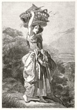Beautiful Female Peasant With A Long Dress Draping Bounded On Her Hip Holding A Basket On Her Heads Outdoor. Etching Style Illustration By Freeman After Corbould, Magasin Pittoresque Paris 1848