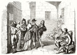 Ancient aristocratic men visiting the interior of a shabby prison and its poor chained prisoners. Old etching style 19th century illustration by Bosse publ. on Magasin Pittoresque Paris 1848