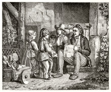 Old Man Reading News To Children Seated Outdoor. Very Detailed Etching Style Illustration With A Mirable Hatching. By Charlet Publ. On Magasin Pittoresque Paris 1848