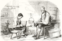 Ancient Boy Studying On A Book In Front Of A Old Man Both Seated On Their Stools In A Stable. Engraving Style Grayscale Illustration By Girardet Publ. On Magasin Pittoresque Paris 1848