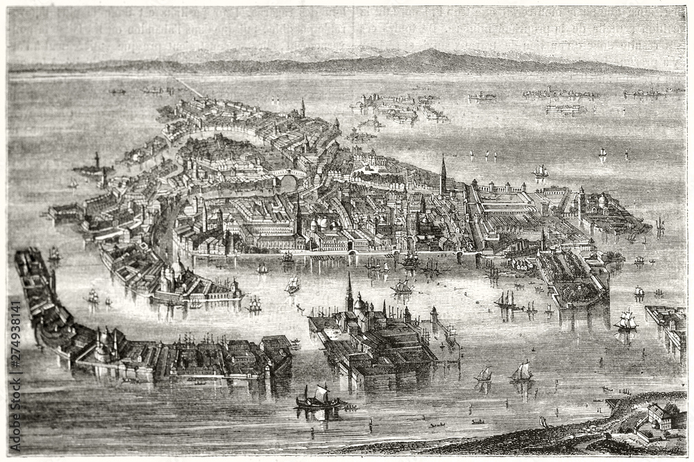 Overall bird eye view of Venice, Italy. Ancient italian city surrounded by the waters of the lagoon. By Freeman and Quartley after Galibert publ. on Magasin Pittoresque Paris 1848 - obrazy, fototapety, plakaty 