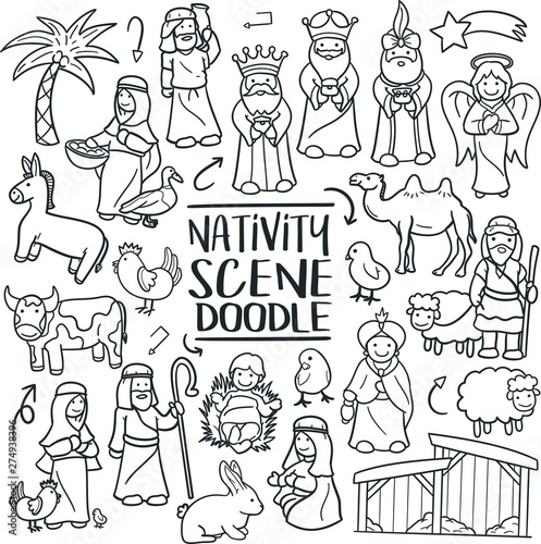 Fotomural Nativity Scene Christmas Traditional Doodle Icons Sketch Hand Made Design Vecto