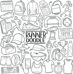 Wall Mural - Runner Marathon Sport Traditional Doodle Icons Sketch Hand Made Design Vector 