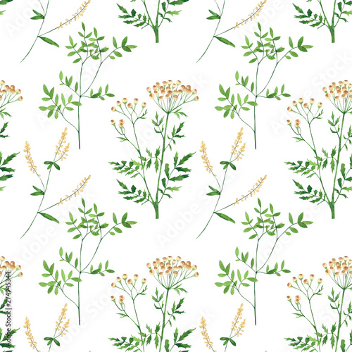 Seamless pattern of culinary and medicinal herbs. Watercolor botanical illust...