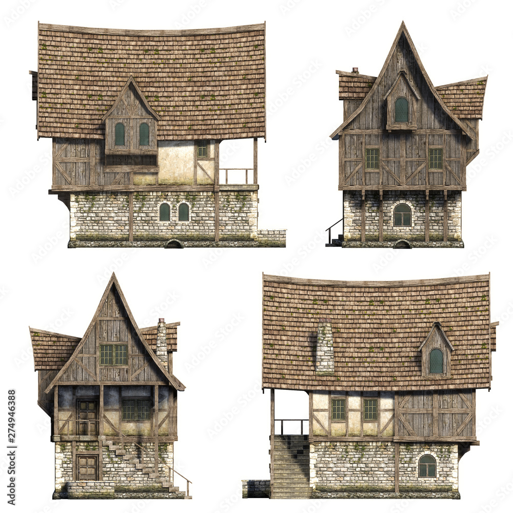 Frontside medieval houses set. 3D illustration
