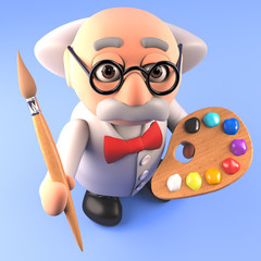 Wall Mural - Smart mad professor scientist holding a paintbrush and palette, 3d illustration