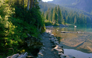 lake in the forest under sunrays