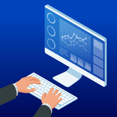 Isometric hands on the keyboard and computer monitor. Businessman work chart schedule, planning financial report data methodology