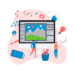 Poster - Flat vector graphic drawing concept with open illustration application with a creative project	