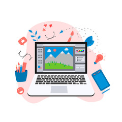 Poster - Flat vector graphic drawing concept with open illustration application with a creative project	
