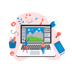 Poster - Flat vector graphic drawing concept with open illustration application with a creative project	