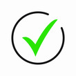 Green tick icon vector symbol, checkmark isolated on white background, checked icon or correct choice sign, check mark or checkbox pictogram