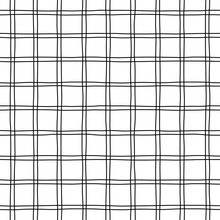 Checkered Hand Drawn Vector Seamless Pattern. Crossing Lines Geometrical Simple Texture. Monochrome, Black Sketch On White Background. Minimalist Background, Wallpaper Textile Design