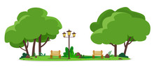 Cozy City Park With Benches And Street Lamps. Vector Illustration Of A Flat Style.