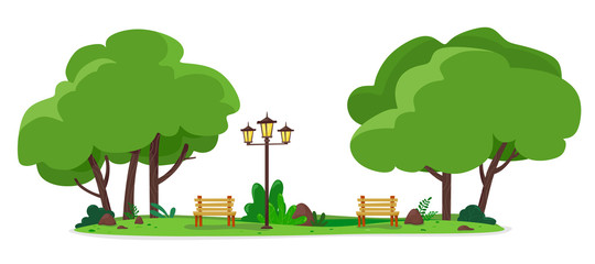cozy city park with benches and street lamps. vector illustration of a flat style.