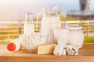 Glass of milk  and Dairy products on  background