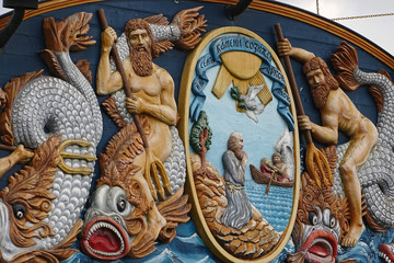 Wall Mural - Decorative stern of Goto Predestinatsia warship in Voronezh, Russia. Phrase on the shield is a citation from Gospel of Matthew: 