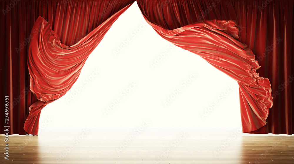Empty theatrical stage with moving red velvet curtains. Clipping path included. - obrazy, fototapety, plakaty 