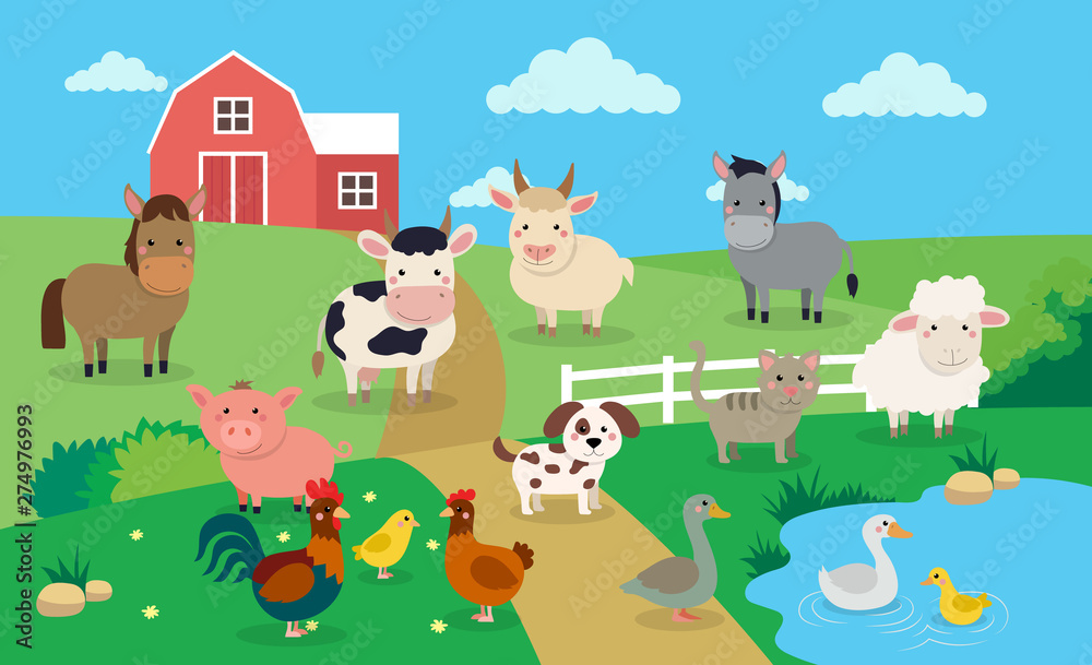Farm animals cartoon illustration with barn and countryside setting