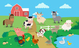 Fototapeta Fototapety na ścianę do pokoju dziecięcego - Farm animals with landscape - vector illustration in cartoon style, children s book illustration
