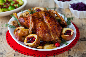 Canvas Print - Festive roast duck with apples and cranberries